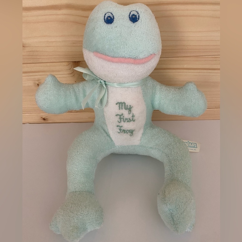 VINTAGE Bantam Collection Terry Cloth MY FIRST FROG Plush Rattle Baby Toy